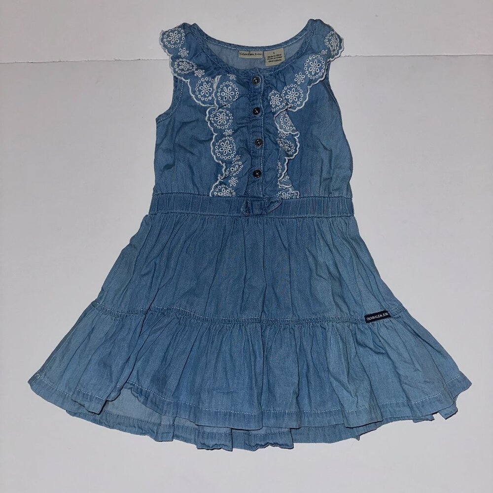 Calvin Klein Dress Girl’s 5 Blue Denim Embroidered Sleeveless EUC